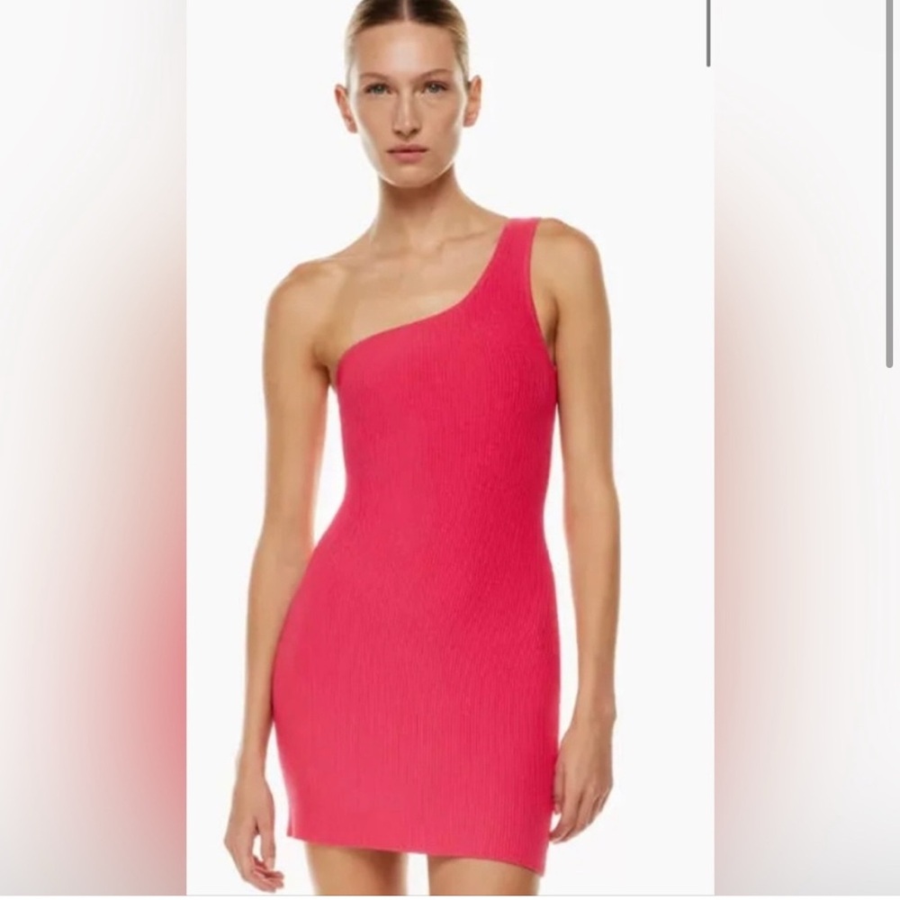 Aritzia Babaton Sculpt Knit One-Shoulder Dress Size L Grapefruit Coral - Picture 2 of 13